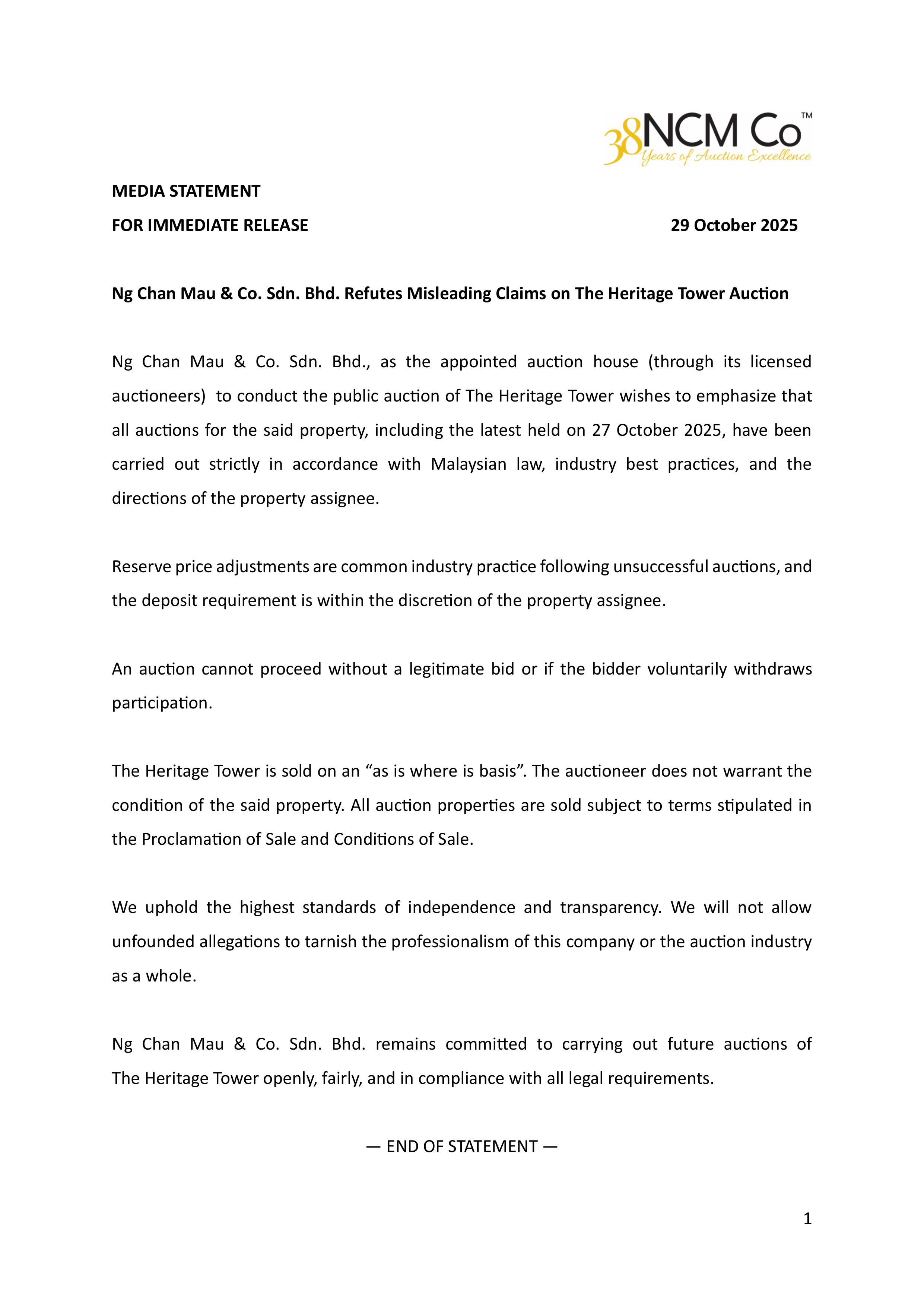 NCM Co Media Statement 29102025